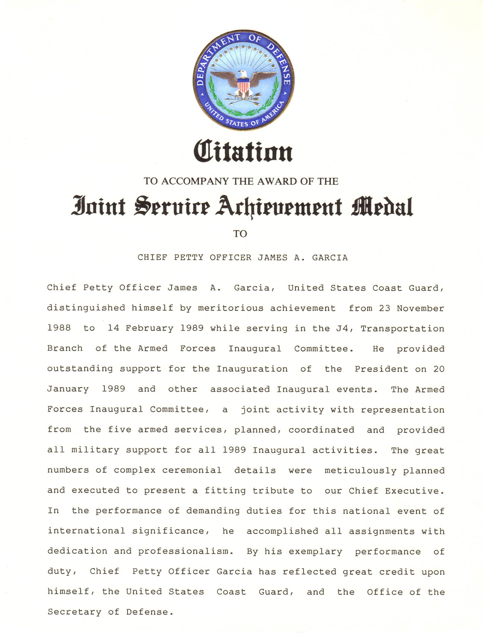 Joint Service Achievment Medal Citation